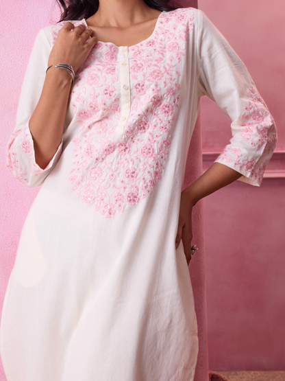 Ivory Floral Embroidered Sequinned Kurta