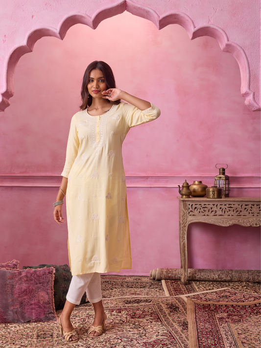 Yellow Ethnic Motifs Embroidered Thread Work Kurta