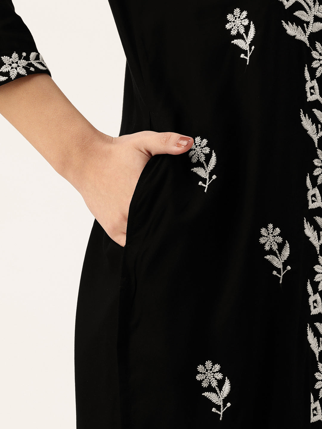 Black Floral Embroidered Thread Work Floral Kurta