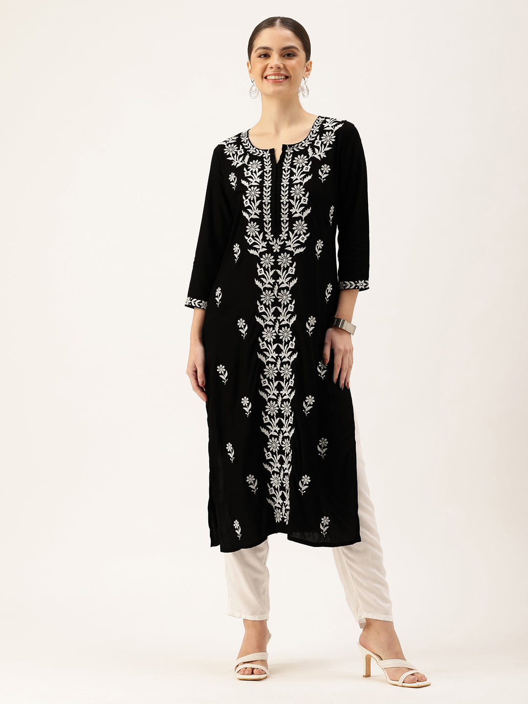 Black Floral Embroidered Thread Work Floral Kurta