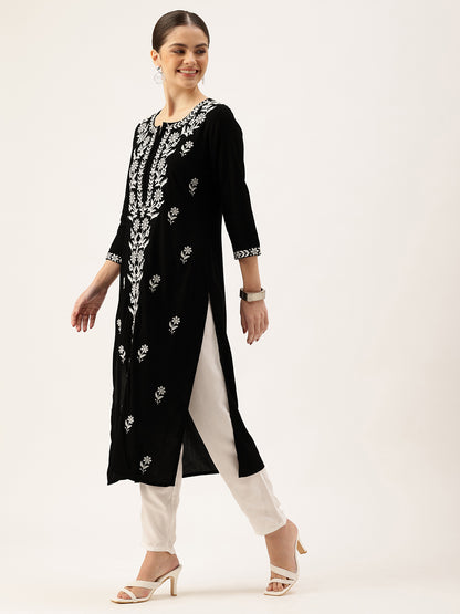 Black Floral Embroidered Thread Work Floral Kurta