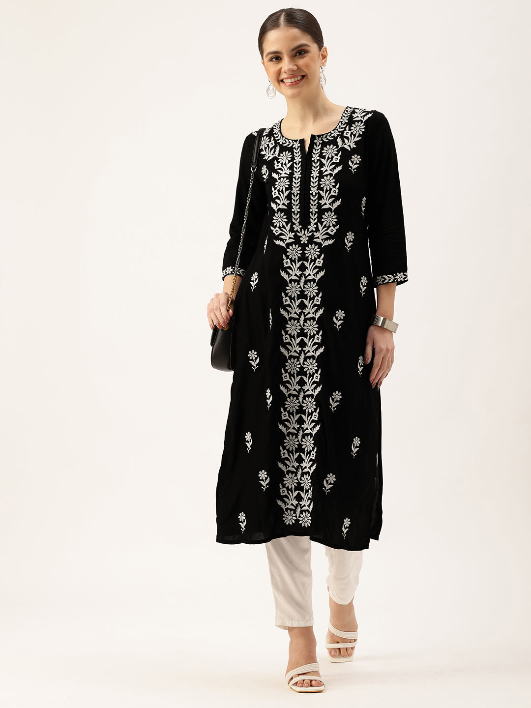 Black Floral Embroidered Thread Work Floral Kurta