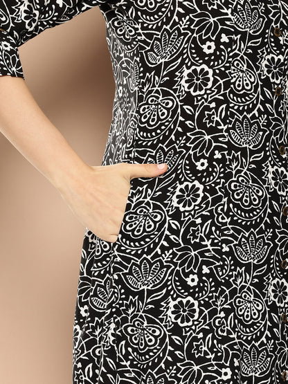 Floral Printed Mandarin Collar Roll-Up Sleeves Kurta