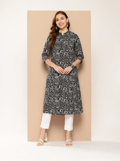 Floral Printed Mandarin Collar Roll-Up Sleeves Kurta