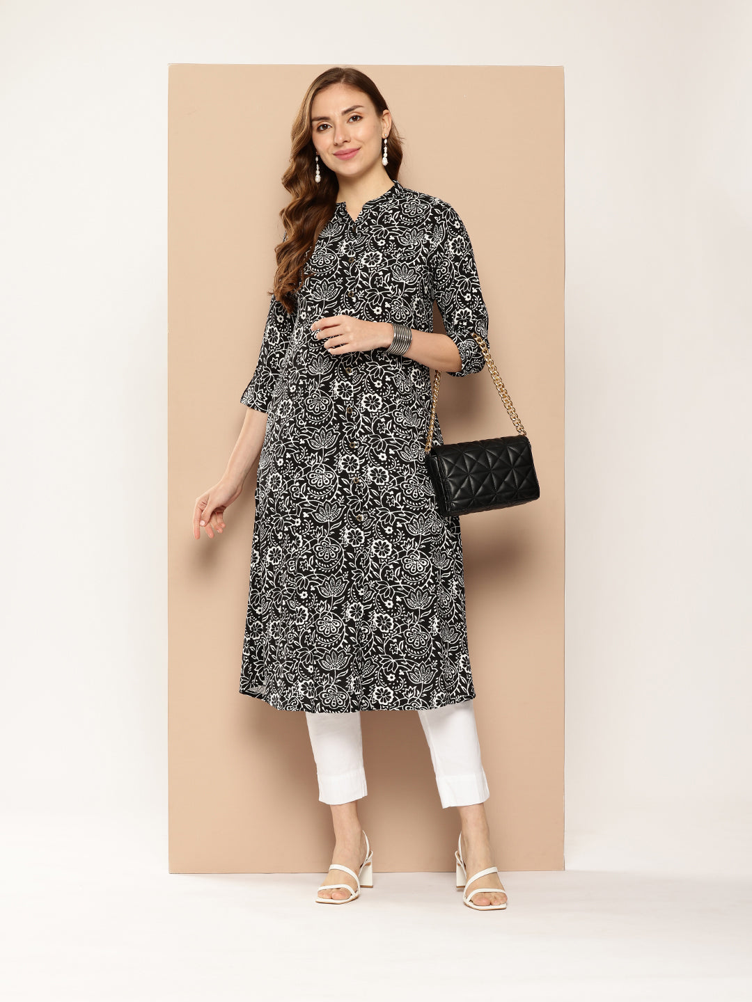 Floral Printed Mandarin Collar Roll-Up Sleeves Kurta