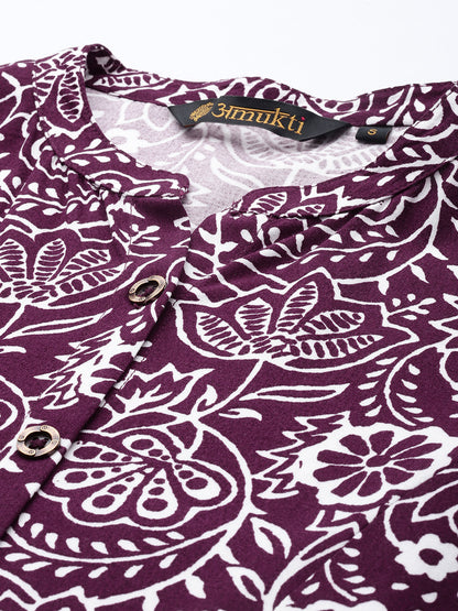 Maroon Floral Printed Band Collar Kurta