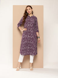 Maroon Floral Printed Band Collar Kurta