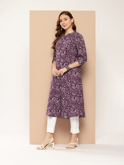 Maroon Floral Printed Band Collar Kurta