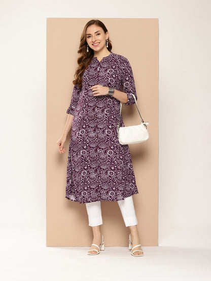 Maroon Floral Printed Band Collar Kurta