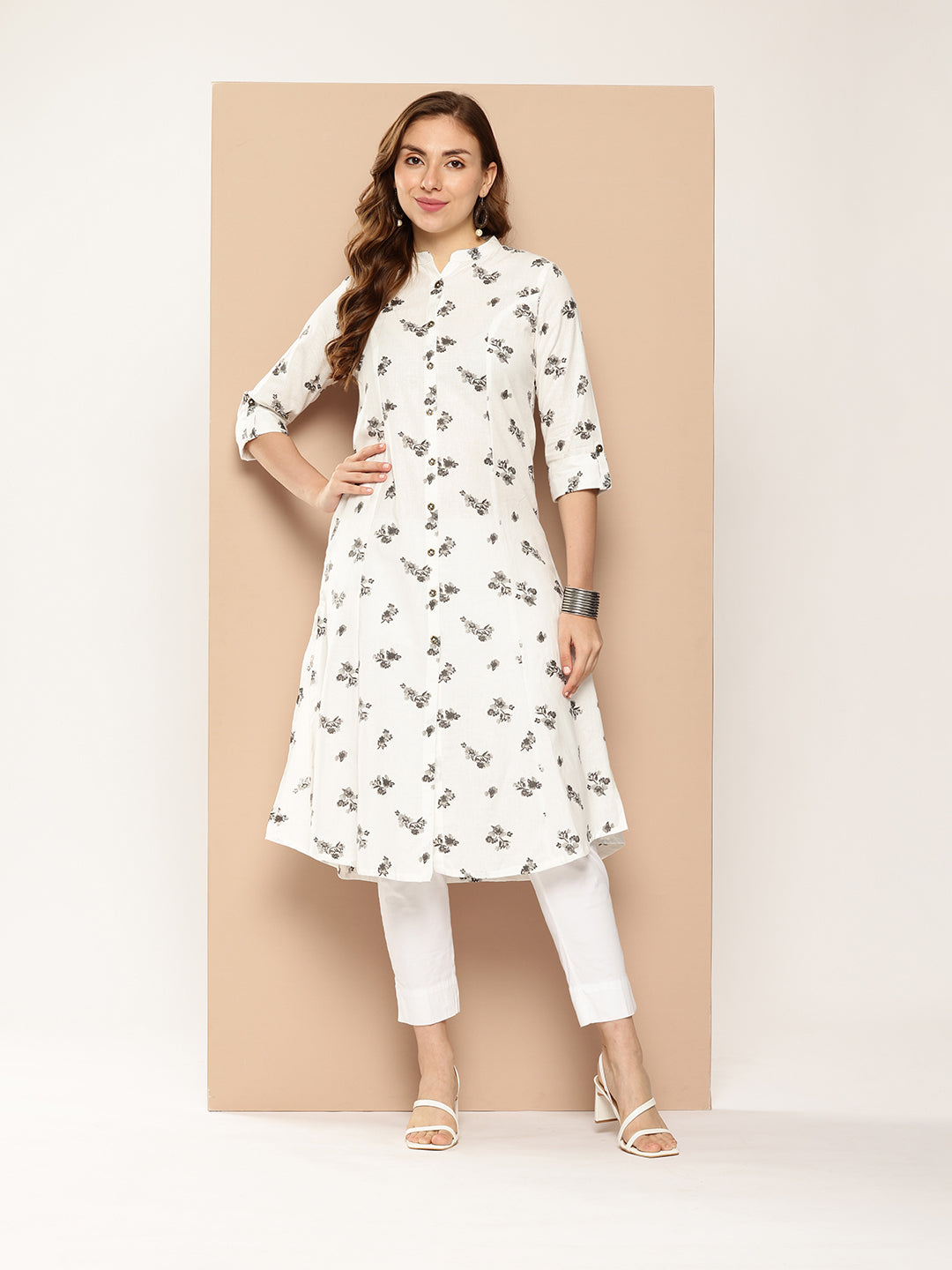 White & Grey Floral Printed Kurta