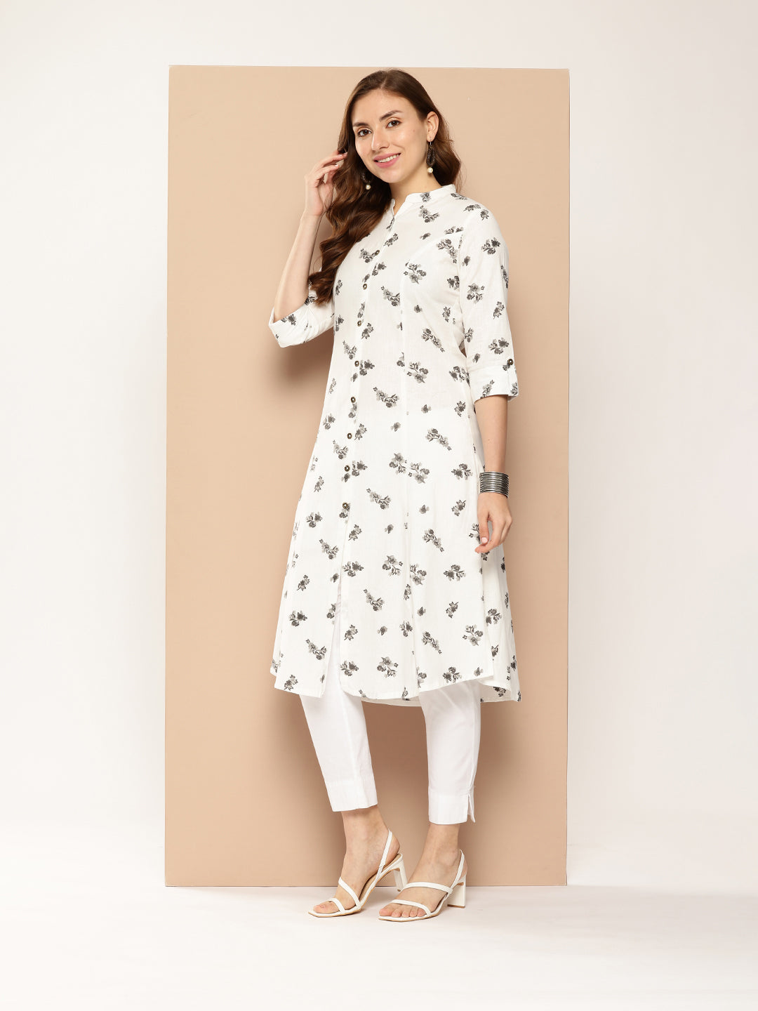 White & Grey Floral Printed Kurta