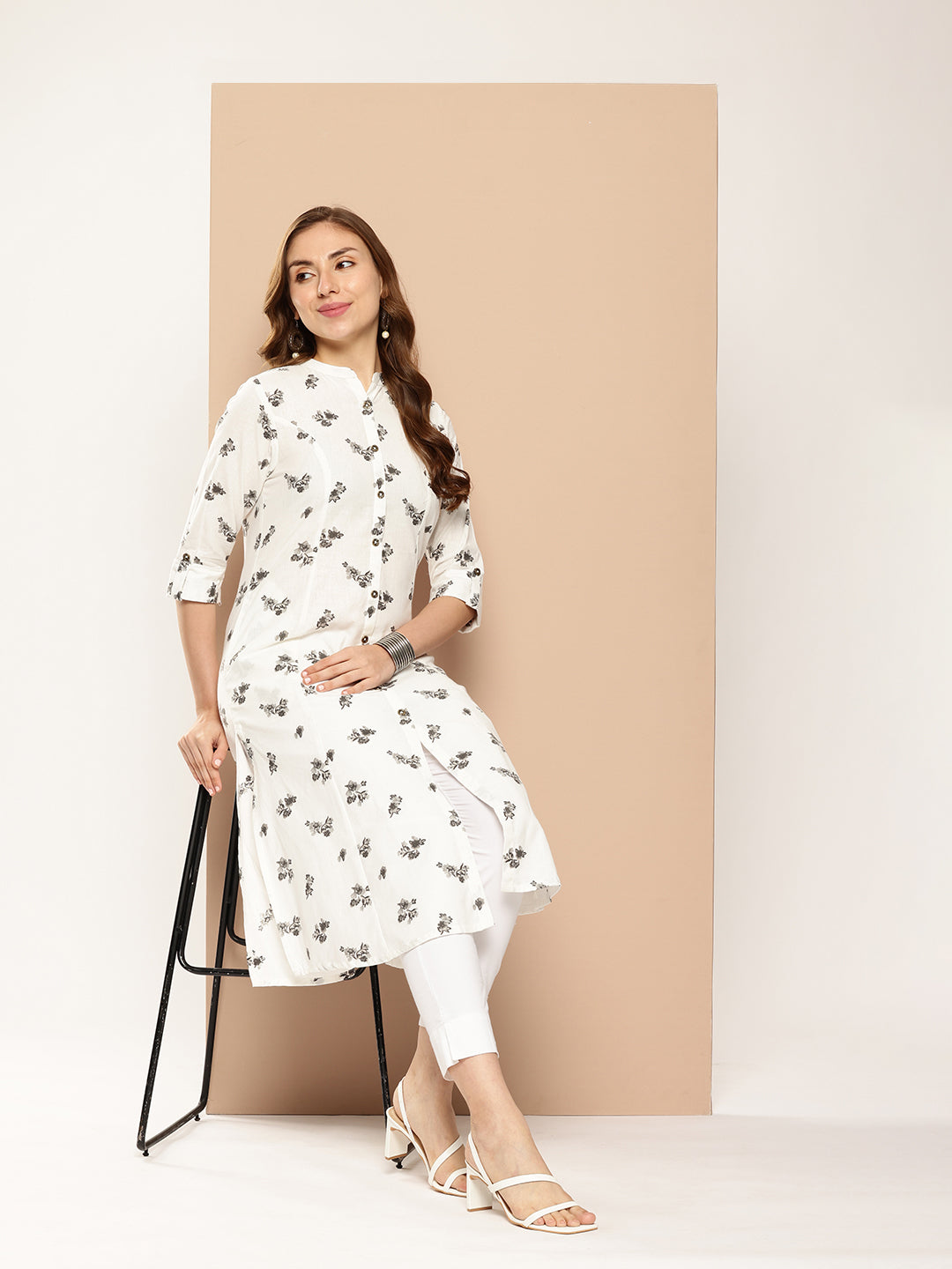 White & Grey Floral Printed Kurta