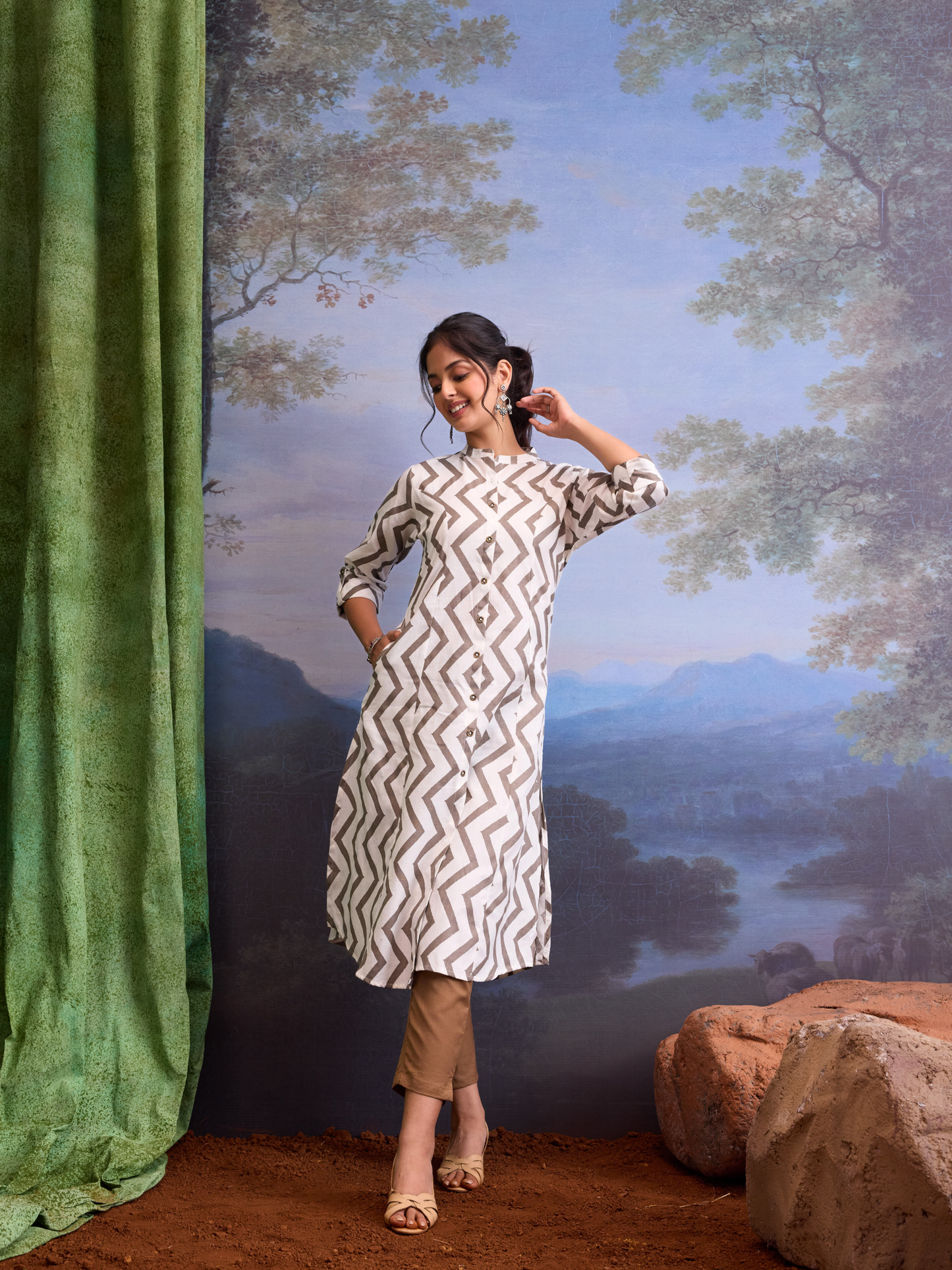 Beige Chevron Printed Princess Cut Kurta