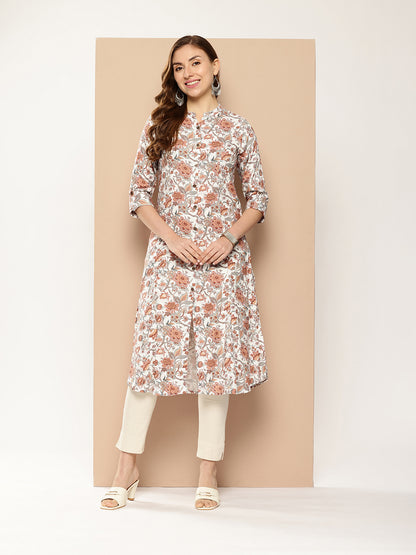 White Floral Printed Band Collar Roll-Up Sleeves Kurta