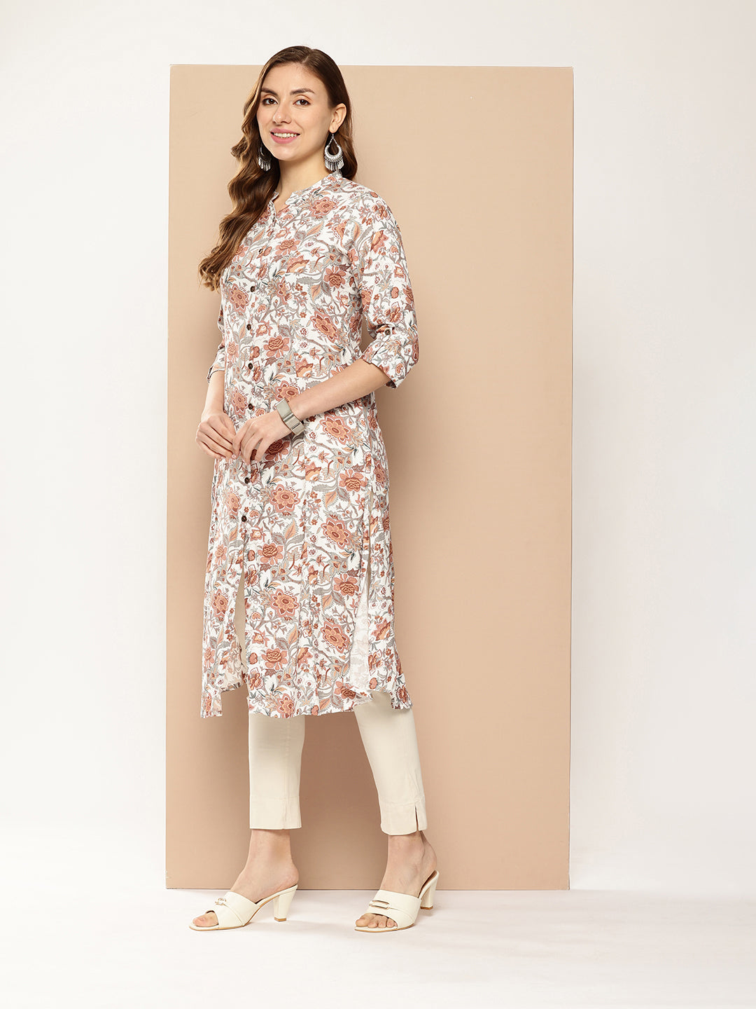 White Floral Printed Band Collar Roll-Up Sleeves Kurta