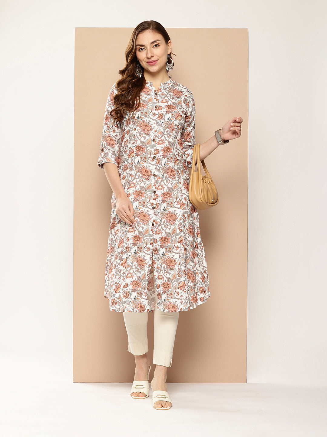 White Floral Printed Band Collar Roll-Up Sleeves Kurta