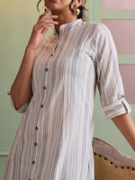 Beige & Grey Striped Band Collar Kurta