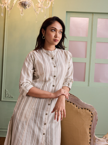 Beige Striped Printed A-line Kurta