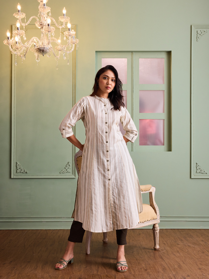 Beige Striped Printed A-line Kurta