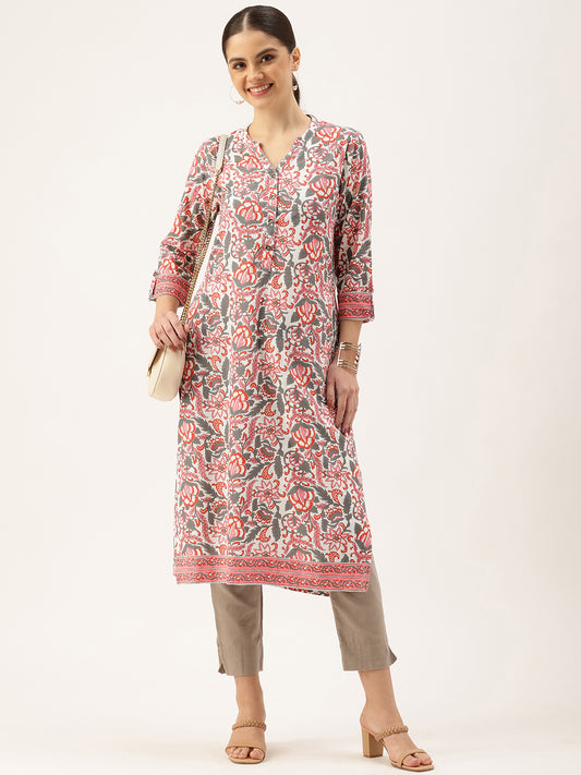 White & Pink Floral Printed Kurta