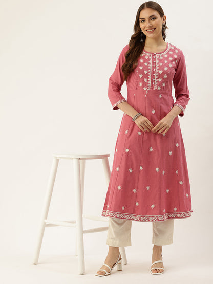 Pink Floral Embroidered Thread Work Kurta