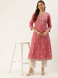 Pink Floral Embroidered Thread Work Kurta