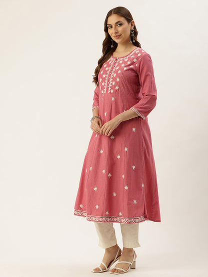 Pink Floral Embroidered Thread Work Kurta