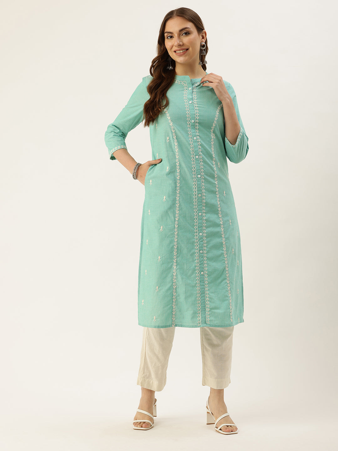 Green Floral Embroidered Thread Work Kurta