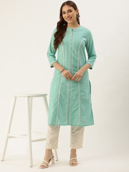 Green Floral Embroidered Thread Work Kurta