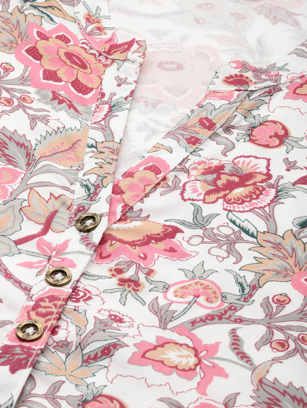 White & Pink Floral Printed Mandarin Collar Tunic