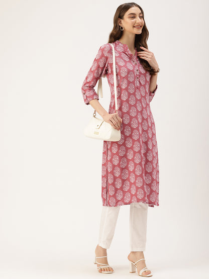 Pink & White Ethnic Motifs Printed Kurta