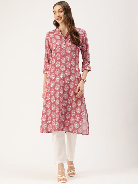 Pink & White Ethnic Motifs Printed Kurta