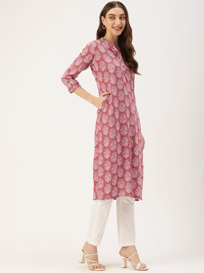 Pink & White Ethnic Motifs Printed Kurta