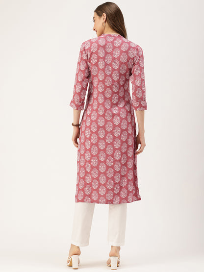 Pink & White Ethnic Motifs Printed Kurta