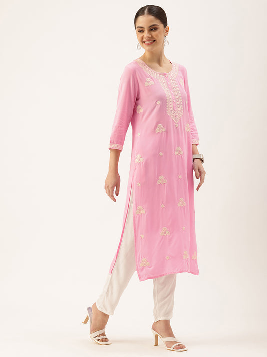 Pink Ethnic Motifs Embroidered Thread Work Kurta