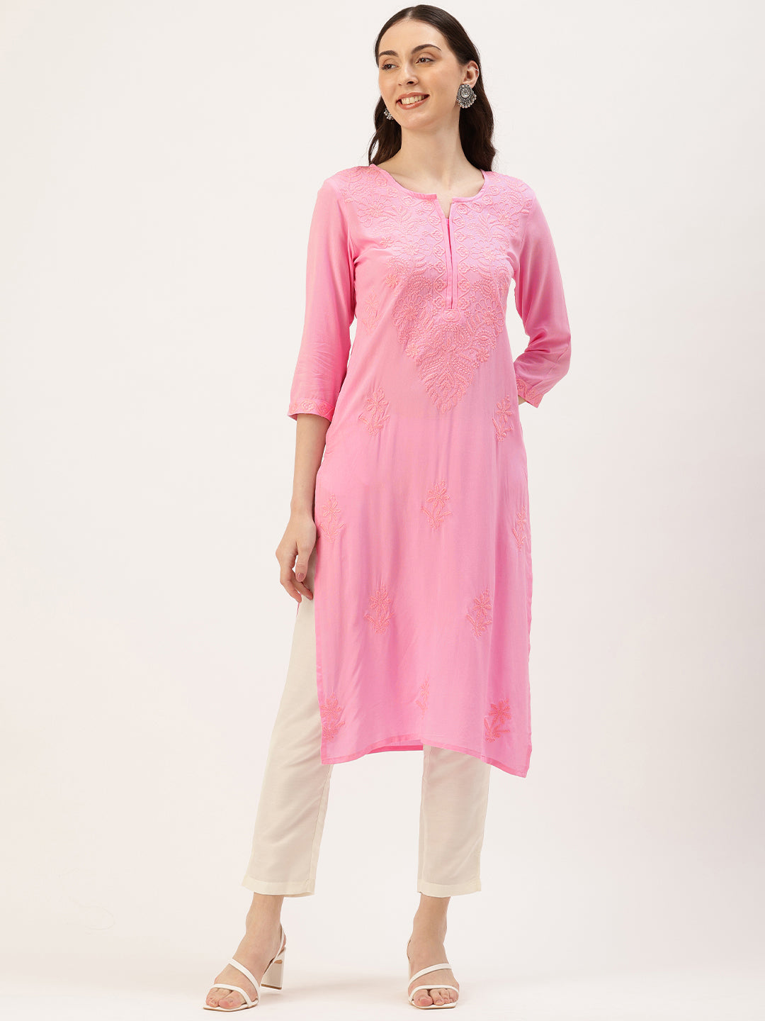 Pink Floral Embroidered  Kurta