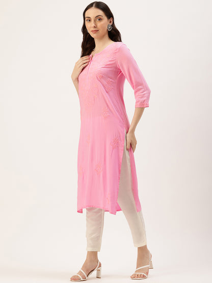 Pink Floral Embroidered  Kurta