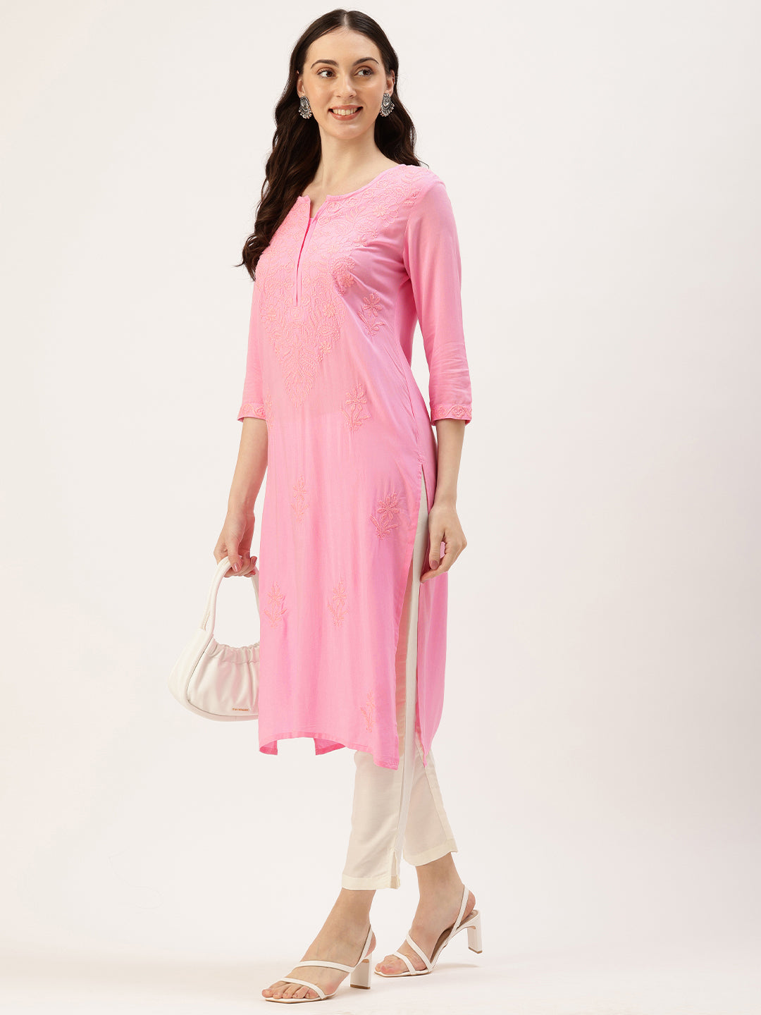 Pink Floral Embroidered  Kurta