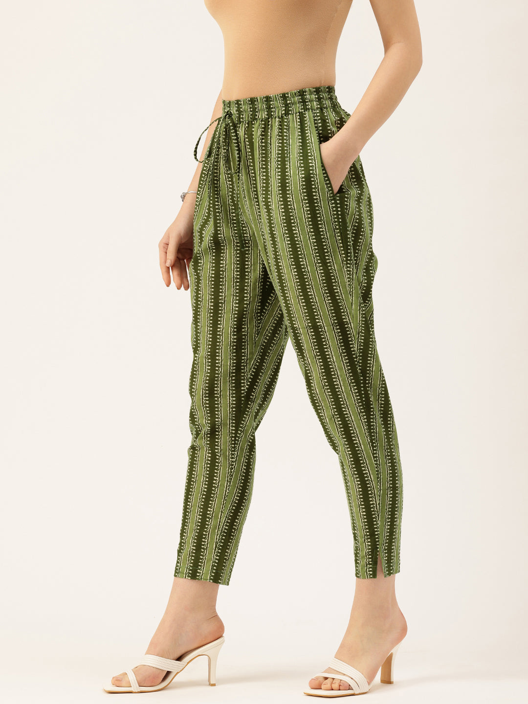 Green Striped Printed Pencil  Pant