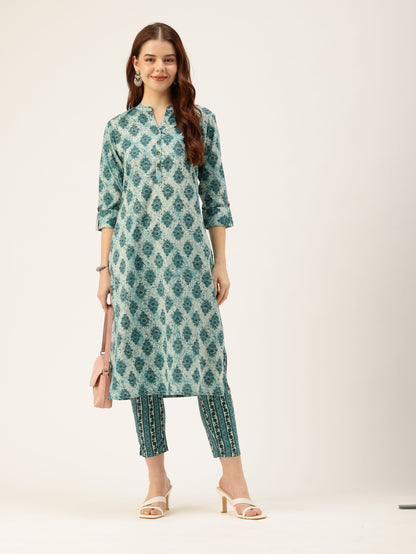 Teal Blue Ethnic Motifs Printed Mandarin Collar Roll-Up Sleeves Kurta