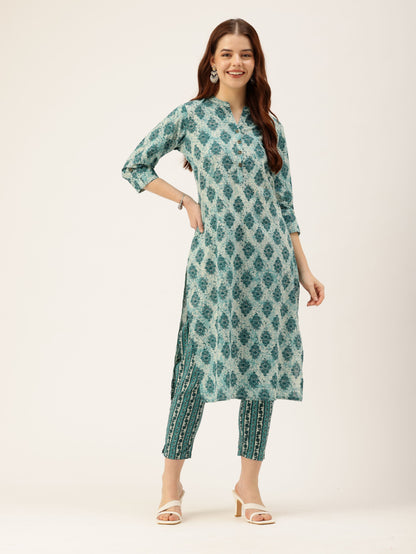 Teal Blue Ethnic Motifs Printed Mandarin Collar Roll-Up Sleeves Kurta