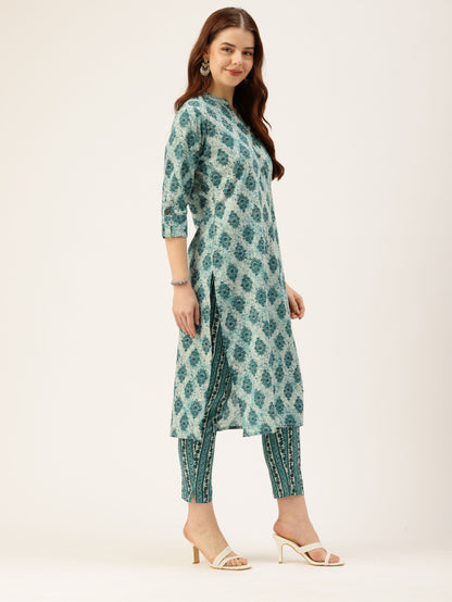 Teal Blue Ethnic Motifs Printed Mandarin Collar Roll-Up Sleeves Kurta