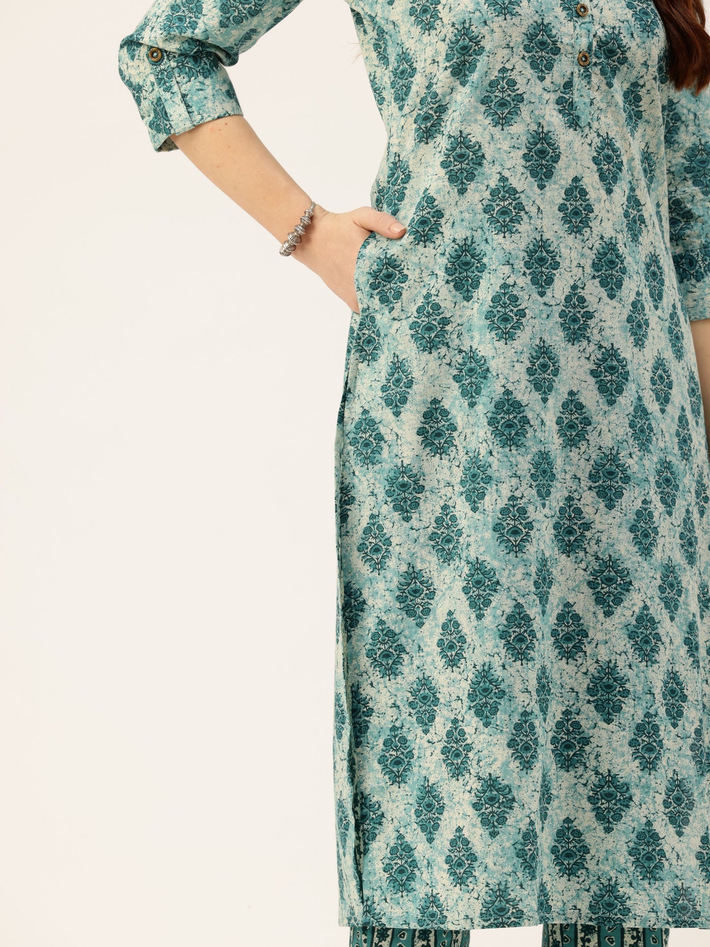 Teal Blue Ethnic Motifs Printed Mandarin Collar Roll-Up Sleeves Kurta