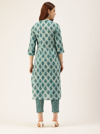 Teal Blue Ethnic Motifs Printed Mandarin Collar Roll-Up Sleeves Kurta