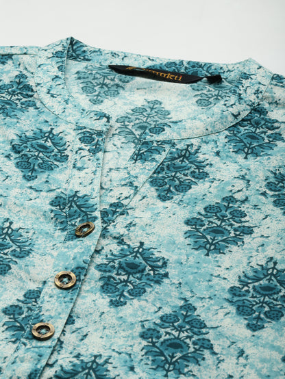 Teal Blue Ethnic Motifs Printed Mandarin Collar Roll-Up Sleeves Kurta