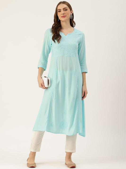 Blue Floral Embroidered  Kurta