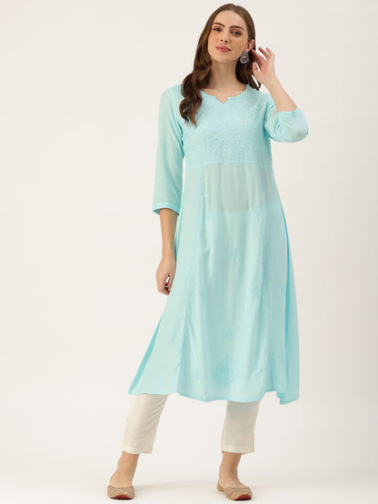 Blue Floral Embroidered  Kurta