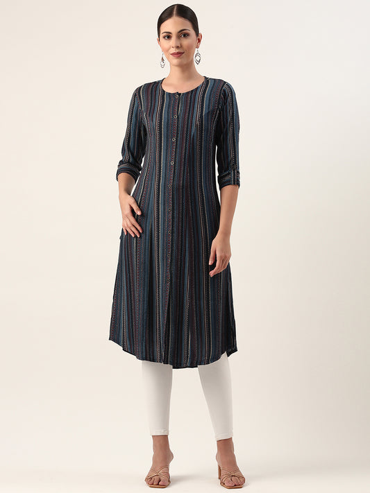 Blue Striped A-Liine Kurta