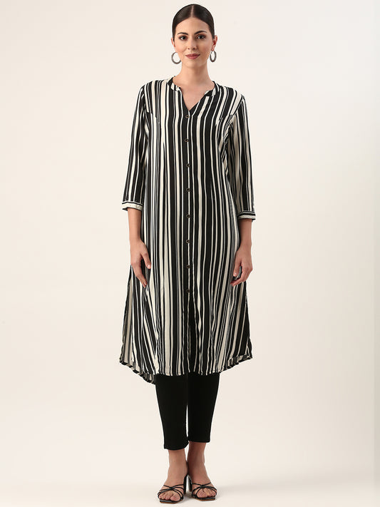 Black & White Striped A-Liine Kurta