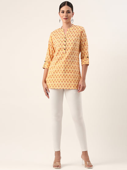 Yellow Mandarin Collar Ethnic Motifs Cotton Tunic